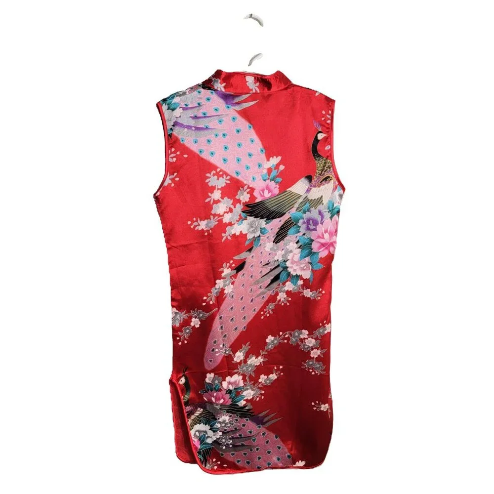 Wudiemi Chinese Peacock Sleeveless Dress Mandarin Collar Red Pink Size 8/10